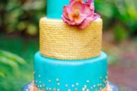36 3-tier aqua and gold Moroccan themed wedding cake
