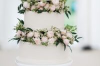 36 white wedding cake with blush garden roses and greenery