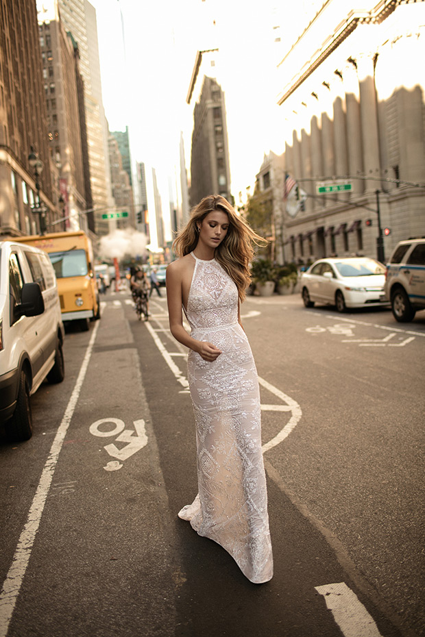 Boho-inspired hallter neckline gown with crochet lace