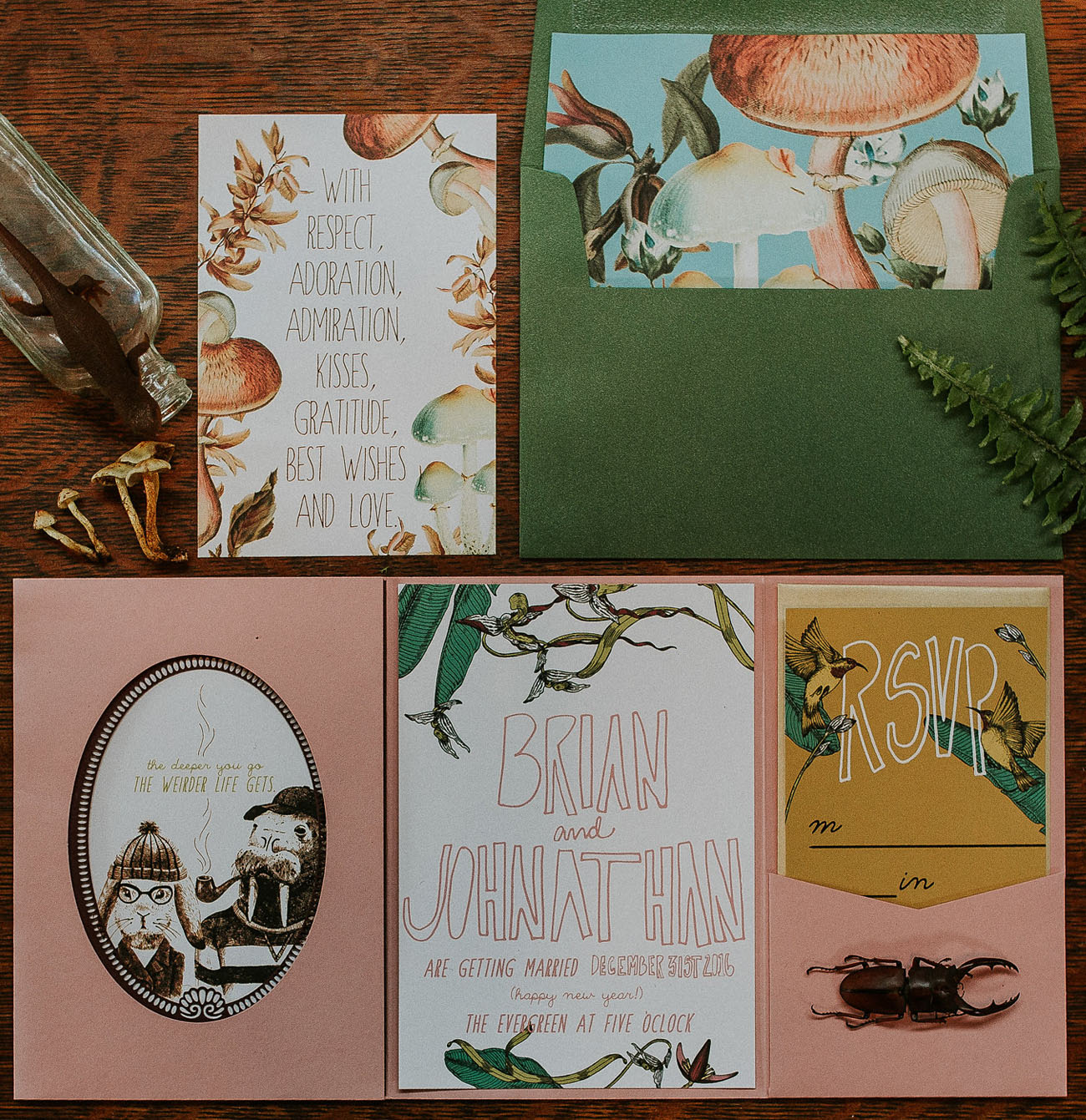 Look at this colorful invitation suite with mushrooms and animals