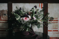 02 The wedding bouquet was textural, with lots of greenery, pink blooms and dark purple tulips