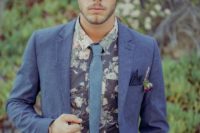02 a dark floral shirt, a slate grey jacket and a grey tie for a hippie feel