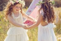 04 crochet lace and ruffle dresses with floral crowns for a boho wedding