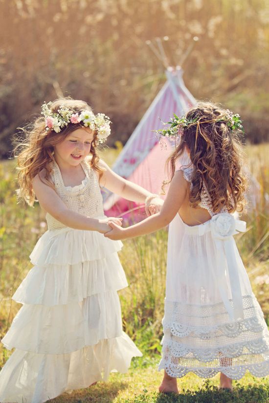 crochet lace and ruffle dresses with floral crowns for a boho wedding