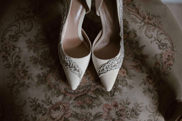These gorgeous textural pumps with sequin decor will match any modern bridal look