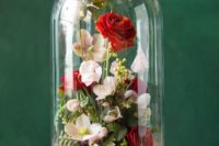 05 red and pink cloche floral arrangement is gorgeous