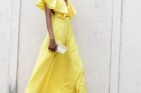 05 sunny yellow maxi dress with a ruffled bodice and black heels