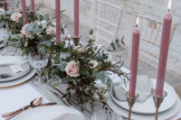 06 The table was laid with a grey table runner and napkins and pink candles, I love blush roses in the textural centerpieces