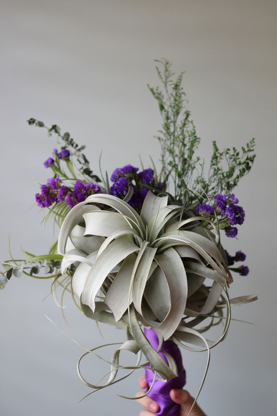 a creative bouquet with pale air plants and purple flowers