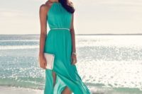 07 halter neckline flowy turquoise maxi dress with side slits is ideal for a beach wedding
