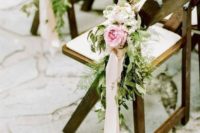07 pink roses, messy greenery and neutral ribbon for chair decor