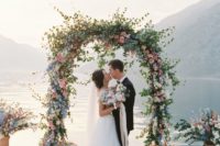 08 gorgeous leaves, pink and blue floral arch looks breathtaking