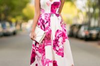 09 a strapless pink floral print midi dress, nude shoes and a clutch