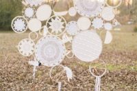 11 white boho dreamcatchers of embroidery hoops and doilies