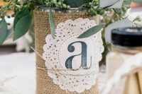 14 a tin can wrapped with burlap, a paper doily and twine