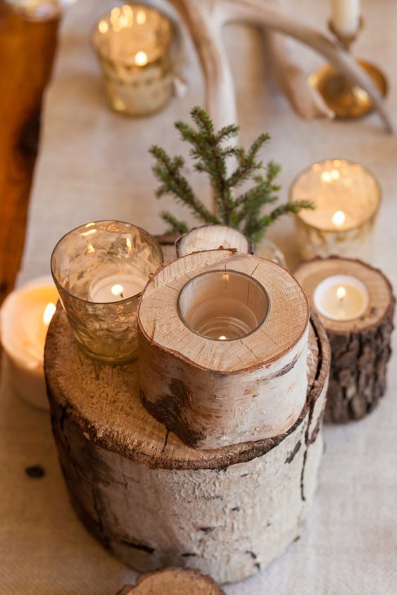 birch logs used for centerpieces and as candle holders