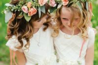 15 ivory dress with cap sleeves and a textural bodice, peachy flower crowns