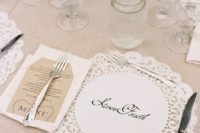 16 a place setting with a paper doily instead of a placemat