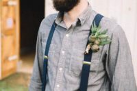 16 neutral pants, a chambray shirt and navy suspenders