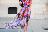 16 very colorful printed watercolor midi dress and pink strappy heels