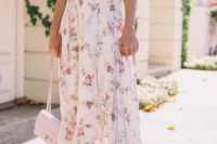 17 subtle floral midi dress with short sleeves and a V cut, nude heels and a blush bag