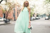 18 a mint midi dress with blush studded heels and a small bag