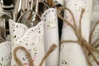 18 paper doilies and twine for wrapping the cutlery is a great rustic idea