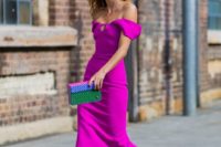 20 fuchsia off the shoulder knee dress, metallic heels and a whimsy clutch