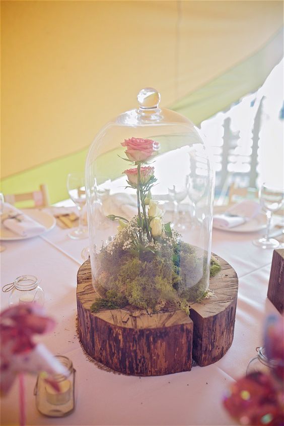 a moss and pink roses centerpiece on a large wooden slice