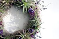 22 living air plants, Spanish moss, hand-dried seasonal purple flowers, and other subtle sparkling foliage details