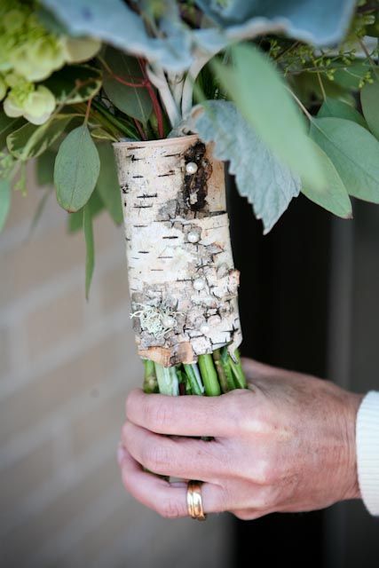 birch bark bouquet wrap with pearl pins