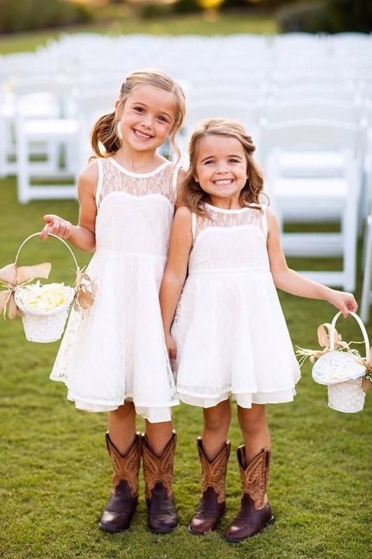 lace sleeveless illusion neckline ivory knee dresses and cowboy boots for a rustic wedding