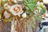 31 a wood log as a vase for fresh flowers, succulents and cotton