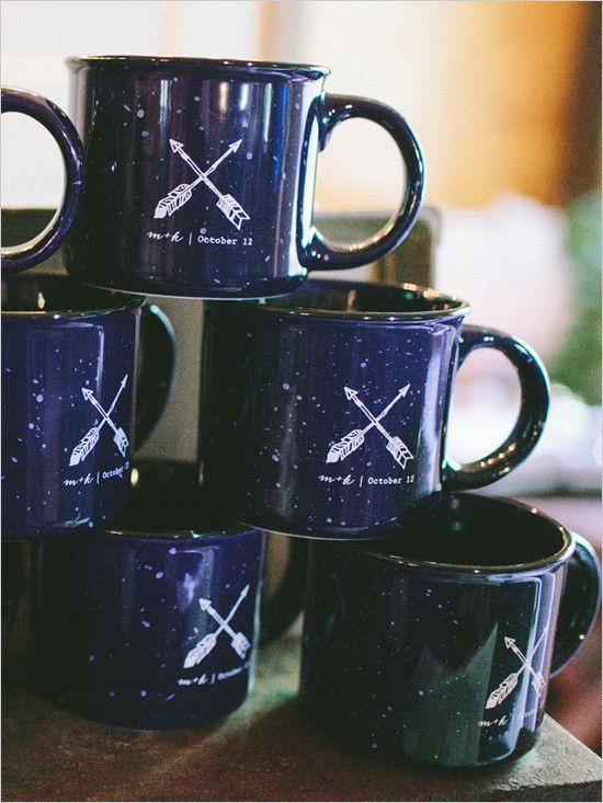 blue mugs with the wedding date are a nice favor idea for a camp wedding