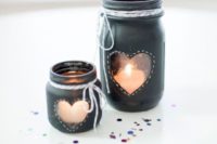33 chalkboard mason jars with hearts as creative candle lanterns