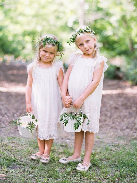 white lace dresses with tulle cap sleeves and sandals, leaf crowns