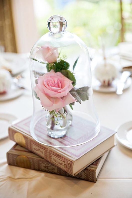 a couple of books plus pink roses in vases in a cloche look very romantic and beautiful