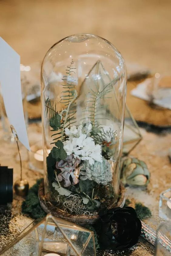 a pretty cloche wedding centerpiece with moss, succulents, white blooms and fern for a woodland wedding