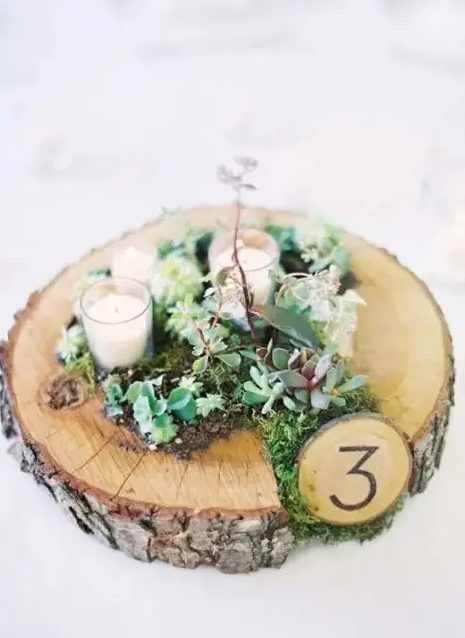 a rustic wedding centerpiece of a wood slice planter with succulents and moss, candles and a table number
