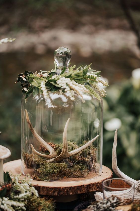 a woodland wedding centerpiece of a tree slice with a cloche with moss, antlers and greenery on top