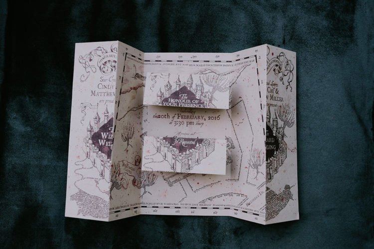 The Marauder’s Map invitation was created by Owl Post Calligraphy