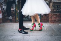02 The bride was rocking gorgeous bold green, fuchsia and red stiletto heel booties