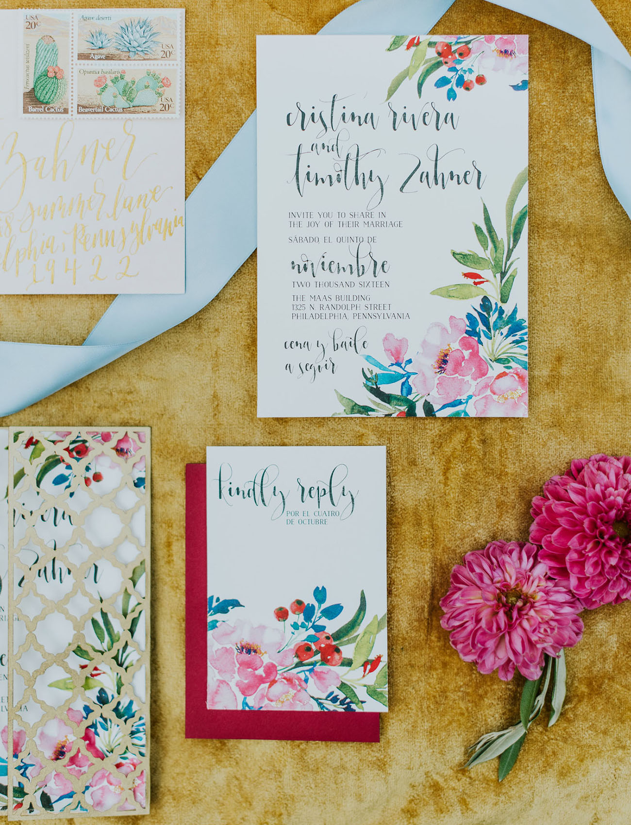 The wedding invitation suite was colorful and vibrant, so cool
