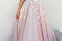 02 a floral applique wedding dress with a plunging neckline and a pink skirt