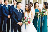 03 The groom and groomsmen were wearing navy suits, and the bridesmaids were rocking emerald halter neckline maxi dresses