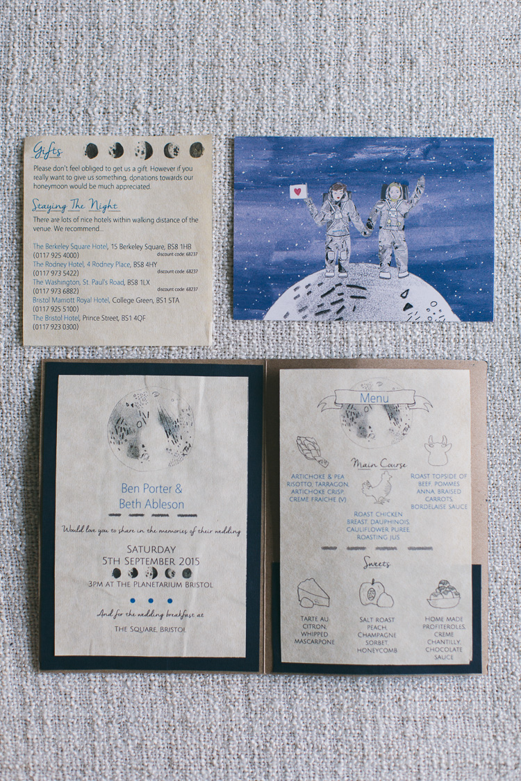 The wedding stationary was space themed as both of them love it and as the planetaarium became their eremony space