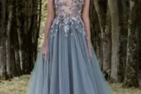 03 blue grey illusion bodice wedding dress with blue and blush floral appliques