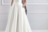 06 modern plain bateau neckline wedding dress with a pleated skirt and pockets