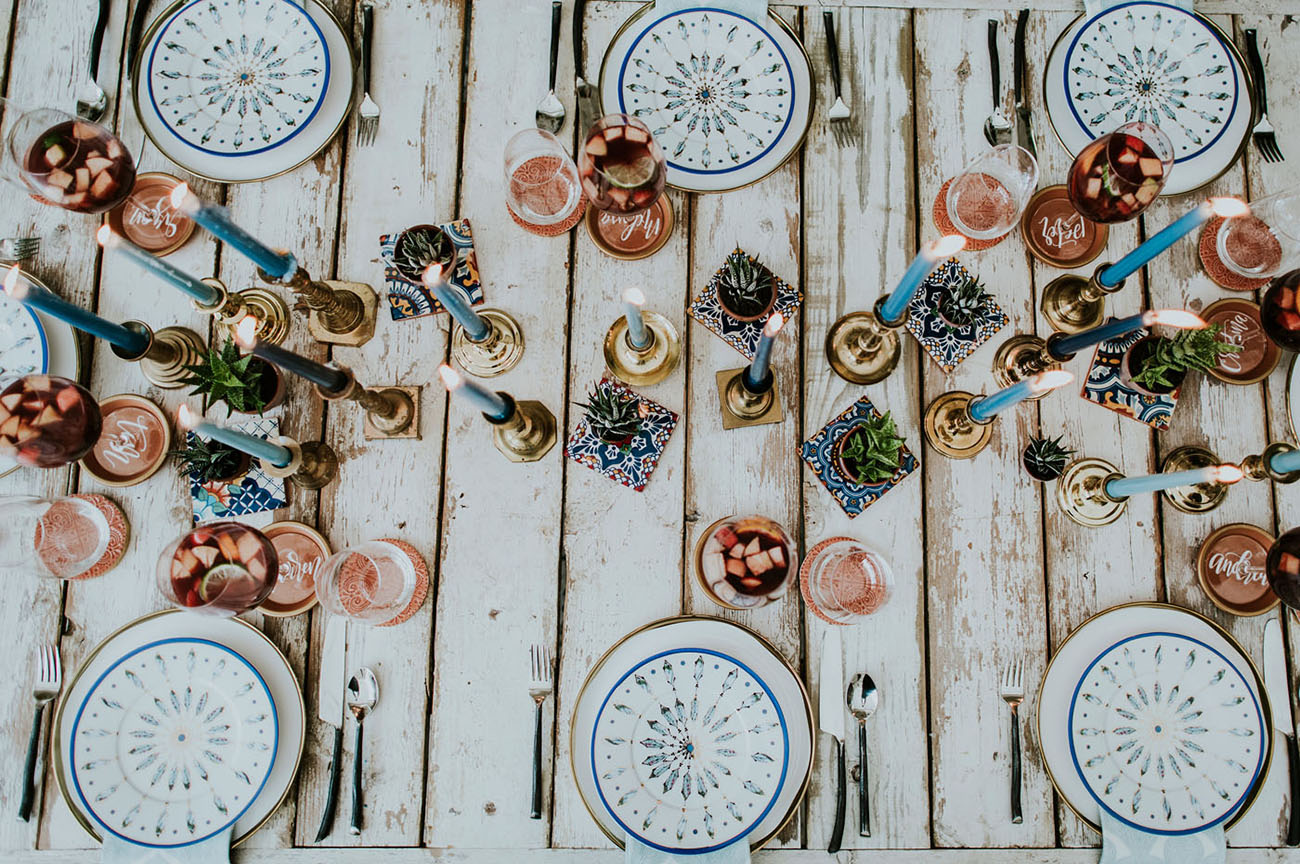 Enjoy the tablescape with copper and teal touches