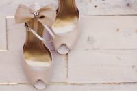 08 champagne colored peep toe ankle strap shoes with large bows